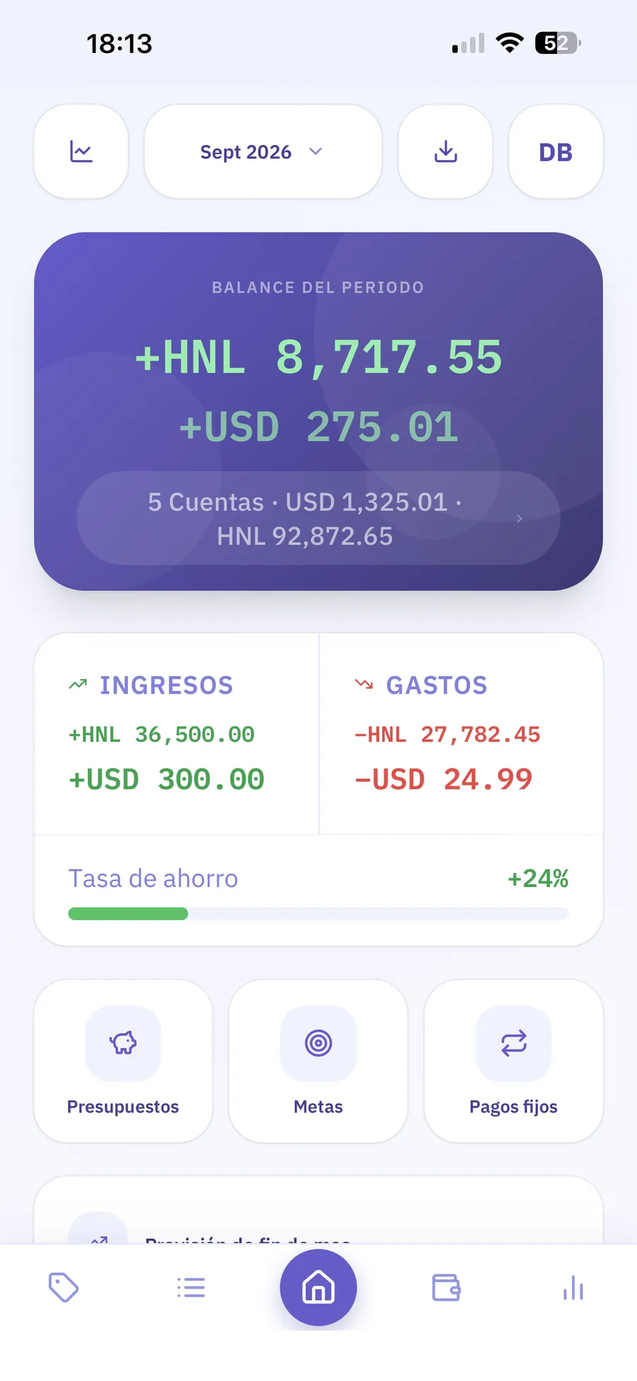 Pantalla de resumen de FynQ con el balance del periodo, ingresos, gastos y tasa de ahorro